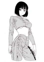 Rule 34 | 1girl, bad id, bad pixiv id, black hair, breasts, closed mouth, crop top, dende (dndn222), greyscale, high-waist pants, highres, large breasts, light smile, long sleeves, looking at viewer, monochrome, original, pants, scan, scan artifacts, shirt, short hair, solo, standing, stomach, traditional media, underboob