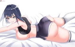 Rule 34 | 1girl, armpits, ass, black hair, blue eyes, blue hair, breasts, curvy, highres, hololive, hololive english, huge ass, large breasts, legs, lying, narrow waist, ninochuu, o22no, on stomach, ouro kronii, smile, socks, solo, sports bra, teeth, thick thighs, thighs, virtual youtuber
