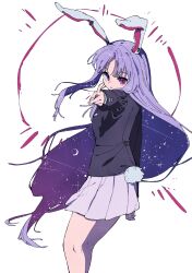 Rule 34 | 1girl, absurdres, animal ears, black jacket, blazer, feet out of frame, highres, jacket, long hair, long sleeves, nama udon, parted lips, pleated skirt, purple hair, rabbit ears, rabbit tail, red eyes, reisen udongein inaba, simple background, skirt, solo, tail, touhou, white background, white skirt