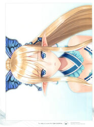 Rule 34 | absurdres, aqua background, breasts, cleavage, copyright name, detached collar, game cg, gradient background, hair between eyes, highres, kirika towa alma, non-web source, parted bangs, pointy ears, shining (series), shining resonance, shining resonance collection of visual materials, sideways, solo, tony taka, white background