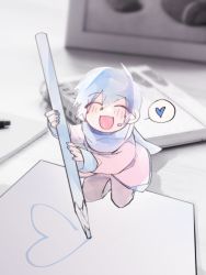Rule 34 | 1boy, binggwaryu, black pants, blue hair, blue nails, blue scarf, closed eyes, coat, commentary, drawing, facing viewer, fang, headset, heart, highres, holding, holding pencil, kaito (vocaloid), kneeling, male focus, mini person, miniboy, nail polish, notepad, open mouth, pants, paper, pencil, photo background, scarf, skin fang, smile, spoken heart, spot color, symbol-only commentary, vocaloid, white coat