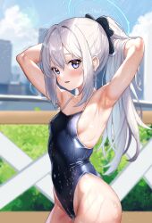Rule 34 | 1girl, armpits, black bow, blue archive, blue eyes, blue halo, blue one-piece swimsuit, blurry, blurry background, blush, bow, breasts, commentary request, day, dongchuan, grey hair, hair between eyes, hair bow, halo, hands in hair, highleg, highleg swimsuit, highres, lens flare, long hair, looking at viewer, miyako (blue archive), miyako (swimsuit) (blue archive), official alternate costume, one-piece swimsuit, outdoors, parted lips, ponytail, sidelocks, small breasts, smile, solo, swimsuit, water drop, wet, wet clothes, wet swimsuit