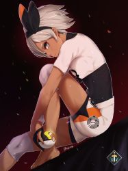 Rule 34 | 1girl, absurdres, artist logo, barefoot, bea (pokemon), black gloves, bodysuit, bodysuit under clothes, breasts, creatures (company), crop top, dark-skinned female, dark skin, expressionless, feet, game freak, glint, gloves, grey eyes, gym leader, hairband, highres, knee pads, knee to chest, looking at viewer, lufi ays, medium breasts, nintendo, orange gloves, poke ball, pokemon, pokemon swsh, profile, shirt, short hair, short shorts, short sleeves, shorts, silver hair, single glove, sitting, solo, thick eyebrows, thighs, tied shirt, twitter username, two-tone gloves, ultra ball, wind, wristband