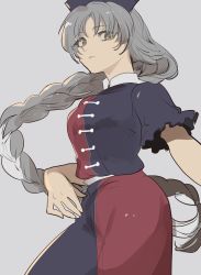 Rule 34 | 1girl, belt, blue dress, blue hat, blue sleeves, braid, breasts, brown eyes, closed mouth, dress, eyes visible through hair, grey background, grey hair, hand up, hat, kerok (joniko1110), long hair, looking at viewer, medium breasts, multicolored clothes, multicolored dress, puffy short sleeves, puffy sleeves, red dress, red sleeves, short sleeves, simple background, solo, standing, touhou, white belt, yagokoro eirin