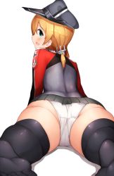 Rule 34 | 10s, 1girl, anchor hair ornament, aqua eyes, ass, black ribbon, black skirt, black thighhighs, blonde hair, boruhis, cross, from behind, hair between eyes, hair ornament, hat, highres, iron cross, kantai collection, long sleeves, looking at viewer, looking back, low twintails, lying, microskirt, military, military hat, military uniform, on stomach, open mouth, panties, pantyshot, peaked cap, perspective, pleated skirt, prinz eugen (kancolle), ribbon, skindentation, skirt, soles, solo, thighhighs, thighs, twintails, underwear, uniform, white panties