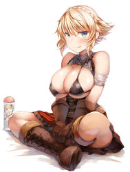 Rule 34 | 1girl, bad id, bad pixiv id, bandaged arm, bandages, bare shoulders, belko, bikini, bikini top only, black bikini, blonde hair, blue eyes, blush, boots, braid, breasts, brown footwear, cleavage, commentary request, crown braid, dolly (sennen sensou aigis), full body, highres, large breasts, looking at viewer, sennen sensou aigis, short hair, sitting, solo, swimsuit, tongue, tongue out, white background