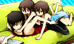 Rule 34 | 1boy, 2girls, abaraya, bad id, bad pixiv id, barefoot, black hair, brother and sister, couch, durarara!!, glasses, green upholstery, lowres, lying, lying on person, magazine (object), multiple girls, on person, on stomach, open mouth, orihara izaya, orihara kururi, orihara mairu, pointing, reading, red eyes, short hair, siblings, sisters, striped, striped background, tank top, twins