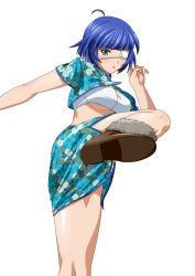 Rule 34 | 1girl, artist request, blue eyes, blue hair, boots, breasts, dot nose, eyepatch, female focus, ikkitousen, medium breasts, mole, mole under mouth, open mouth, ryomou shimei, simple background, solo, source request, standing, standing on one leg, white background