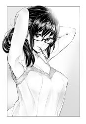 Rule 34 | 1girl, adjusting hair, arm behind head, armpits, breasts, camisole, cleavage, commentary request, covered erect nipples, glasses, glasses day, greyscale, large breasts, lens flare, looking at viewer, monochrome, mouth hold, original, sidelocks, sketch, smile, soborou, solo, translucent, tying hair, upper body