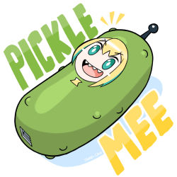 Rule 34 | 1girl, absurdres, amano pikamee, artist name, blonde hair, blue eyes, highres, james choo, meme, objectification, open mouth, pickle, pun, rick and morty, sharp teeth, simple background, solo, teeth, virtual youtuber, voms, white background