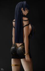 Rule 34 | 1girl, absurdres, alternate costume, ass, backless dress, backless outfit, black background, black dress, black hair, blue eyes, breasts, china dress, chinese clothes, dress, earrings, from behind, gold bracelet, gold earrings, hair intakes, highres, hololive, hololive english, jewelry, large breasts, long hair, looking back, ouro kronii, round eyewear, short dress, solo, steb, straight hair, sunglasses, thighlet, virtual youtuber