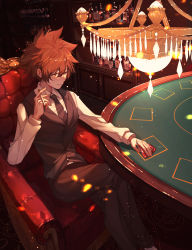 Rule 34 | 1boy, absurdres, arm up, armchair, bar (place), belt buckle, black necktie, black pants, black vest, bottle, brown eyes, brown hair, buckle, card, chair, chandelier, cigarette, closed mouth, collar, collared shirt, crossed legs, cup, drinking glass, highres, holding, holding card, holding cigarette, indoors, katekyo hitman reborn!, long sleeves, looking down, male focus, necktie, on chair, pants, poker, poker table, sawada tsunayoshi, shade, shirt, short hair, sitting, smile, solo, spiked hair, table, vest, white shirt, wine glass, wuhuohuohuo