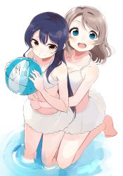 Rule 34 | 2girls, ball, beachball, bikini, blue eyes, blue hair, grey hair, hair between eyes, holding, hug, hug from behind, in-franchise crossover, long hair, looking at viewer, love live!, love live! school idol project, love live! sunshine!!, marine day, multiple girls, open mouth, short hair, simple background, smile, sonoda umi, swimsuit, totoki86, watanabe you, white background, white bikini