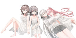 Rule 34 | 4girls, absurdres, ahoge, bare arms, bare shoulders, black bow, black shorts, blush, bow, braid, breasts, chihuri, closed eyes, closed mouth, collared shirt, commentary request, dress, dress shirt, ear piercing, earrings, eve (chihuri), flat chest, frilled dress, frills, grey eyes, grey hair, hair between eyes, hair bow, hairband, heterochromia, high ponytail, highres, jewelry, knees up, long hair, long sleeves, looking at viewer, lying, medium breasts, multiple girls, on back, original, parted lips, piercing, pink hair, ponytail, red eyes, renata alekseevna tsvetaeva, shirt, short shorts, shorts, simple background, sitting, sleeping, sleeveless, sleeveless dress, smile, stud earrings, very long hair, white background, white bow, white dress, white hairband, white shirt, yana (chihuri), yuri, zoya petrovna vecheslova