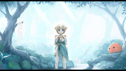 Rule 34 | 1girl, :3, arch bishop (ragnarok online), blonde hair, blue dress, bottle, bush, commentary request, cross, day, dress, fishnet thighhighs, fishnets, forest, full body, gameplay mechanics, highres, holding, holding bottle, kajiji, unworn legwear, letterboxed, looking at another, looking to the side, moss, nature, open mouth, outdoors, poring, ragnarok online, river, rock, short hair, slime (creature), standing, thighhighs, tree, two-tone dress, wading, water, white dress, white thighhighs