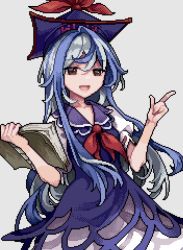 Rule 34 | 1girl, blue dress, blue hair, blue headwear, book, collarbone, d:, dress, grey background, grey hair, holding, holding book, index finger raised, kamishirasawa keine, long hair, looking at viewer, multicolored hair, neckerchief, open book, open mouth, pixel art, red eyes, red neckerchief, risui (suzu rks), simple background, smile, solo, touhou, two-tone hair, upper body
