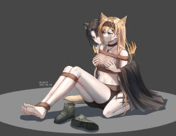 Rule 34 | 2girls, animal ears, arknights, arms behind back, artist request, bare legs, bare shoulders, barefoot, bdsm, black choker, black hair, black hairband, black shorts, blonde hair, blue eyes, blush, bondage, bound, bound legs, grabbing another&#039;s breast, breasts, cat ears, chinese commentary, choker, commentary request, commission, crop top, gag, gagged, grabbing, grey background, grey shirt, hair ornament, hairband, hairclip, highres, horn (arknights), improvised gag, jewelry, large breasts, long hair, looking at another, mandragora (arknights), midriff, multiple girls, navel, necklace, second-party source, shirt, short hair, short shorts, shorts, simple background, sitting, sleeveless, sleeveless shirt, smile, stomach, tape, tape gag, thighs, v-shaped eyebrows, wolf ears, yellow eyes