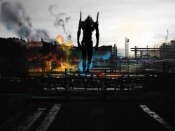 Rule 34 | anchoku 0621, city, cloud, cloudy sky, eva 01, fence, fire, fire, grey sky, highres, looking at viewer, mecha, neon genesis evangelion, no humans, outdoors, road, robot, silhouette, sky, standing, street, walking