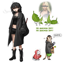 Rule 34 | 1girl, ass shake, black camisole, black choker, black footwear, black hair, black jacket, black shorts, boots, camisole, carrot, censored, choker, cross-laced footwear, eighth note, glasses, green shorts, hair between eyes, hands in pockets, highres, hood, hood down, hood up, hooded jacket, hoodie, identity censor, jacket, korean text, lace-up boots, leaf, long hair, long sleeves, midriff, musical note, navel, nicki minaj, nike (company), original, rabbit, real life, red hoodie, rinotuna, sandals, shorts, smoking, solo focus, standing, tattoo, thought bubble, twerking