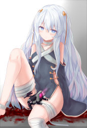 Rule 34 | 1girl, absurdres, bandaged knees, bandaged leg, bandaged neck, bandages, bare legs, bare shoulders, blood, blue eyes, blush, breasts, closed mouth, clothing cutout, collarbone, dress, eyes visible through hair, girls&#039; frontline, gold trim, hair between eyes, head tilt, heart, heart-shaped pupils, highres, intravenous drip, knee up, long hair, looking at viewer, navel, pool of blood, ribeyrolles (girls&#039; frontline), ru zhai, shoulder cutout, side cutout, side slit, sitting, skindentation, solo, symbol-shaped pupils, thighs, very long hair, wavy hair, white hair
