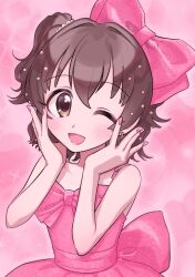 Rule 34 | 1girl, akagi miria, bare shoulders, blush, bow, brown eyes, brown hair, dress, earrings, hair bow, highres, idolmaster, idolmaster cinderella girls, jewelry, one eye closed, one side up, open mouth, pink background, pink bow, pink dress, pink nails, romantic ring, short hair, smile, solo, upper body