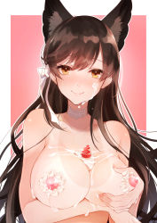 Rule 34 | 1girl, animal ears, arm under breasts, atago (azur lane), azur lane, between breasts, blush, body blush, breast hold, breasts, brown hair, cake, choker, collarbone, food, food on body, food on breasts, fruit, grabbing own breast, hair ribbon, highres, lactation, large breasts, long hair, looking at viewer, mole, mole under eye, nipples, orange eyes, otomaro (rkhu8433), pink background, ribbon, simple background, smile, solo, strawberry, strawberry shortcake, tan, tanline, tears, topless, upper body, whipped cream