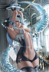 Rule 34 | 1girl, absurdres, armpits, arms up, black thighhighs, blue hair, breasts, eula (genshin impact), genshin impact, hair ornament, highres, ice, indoors, large breasts, leaning back, melowh, navel, no bra, revealing clothes, sideboob, thick thighs, thighhighs, thighs, yellow eyes