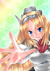 Rule 34 | 1girl, aoi ryuunosuke, ascot, blonde hair, blue eyes, breasts, commentary request, flower, foreshortening, headgear, honeycomb (pattern), honeycomb background, kantai collection, large breasts, long hair, long sleeves, military, military uniform, nelson (kancolle), outstretched arm, parted lips, red flower, red rose, remodel (kantai collection), rose, solo, uniform, upper body