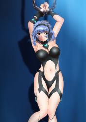 Rule 34 | 1girl, absurdres, aqua centolm, armpits, arms up, bare shoulders, blue background, blue hair, blush, breasts, cleavage, closed mouth, cuffs, detached collar, embarrassed, female focus, gradient background, green eyes, groin, highres, knees together feet apart, large breasts, legs, navel, restrained, revealing clothes, short hair, simple background, solo, standing, super robot wars, super robot wars original generation, thigh gap, thighs, torn clothes, yadokari genpachirou