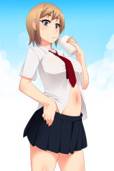 Rule 34 | 1girl, belly, blue sky, breasts, brown hair, center opening, cloud, cowboy shot, cup, drinking, drinking straw, grey eyes, hayashi custom, highres, large breasts, midriff, navel, necktie, original, pleated skirt, sachiko (hayashi custom), shirt, short hair, short sleeves, skirt, sky, solo, thighs, unbuttoned, aged down