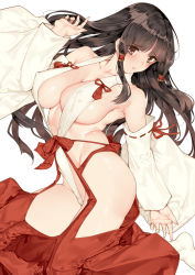Rule 34 | 1girl, bare shoulders, blush, breasts, brown eyes, brown hair, cleavage, covered erect nipples, detached sleeves, hakama, hip vent, japanese clothes, large breasts, long hair, looking at viewer, miko, original, red hakama, revealing clothes, saburou (hgmg), sideboob, sidelocks, solo, thighs, wide sleeves