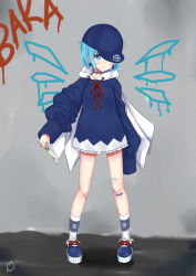 Rule 34 | 1girl, absurdres, bandaid, baseball cap, blue eyes, blue footwear, blue hair, bow, choker, circled 9, cirno, earrings, food, footwear bow, full body, hair ornament, hat, highres, holding, hood, hoodie, jewelry, long sleeves, looking at viewer, popsicle, sei ichi (shiratamamikan), shoes, short hair, smile, socks, solo, standing, string, string of fate, touhou, white socks