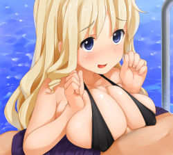 Rule 34 | 1girl, blonde hair, blue eyes, blush, breasts squeezed together, breasts, censored, covered erect nipples, kaisen chuui, large breasts, original, paizuri, paizuri under clothes, penis, pointless censoring, pool, pool ladder, smile, solo focus, swimsuit