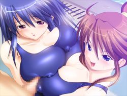 Rule 34 | 1boy, 2girls, asahi (fullmetal madness), blue eyes, blue hair, blush, breast press, breasts, brown hair, censored, cleavage, clothed female nude male, covered erect nipples, game cg, hadashi shoujo, harem x scratch, huge breasts, kimii nao, mosaic censoring, multiple girls, cooperative paizuri, naughty face, nude, one-piece swimsuit, paizuri, paizuri over clothes, penis, red eyes, school swimsuit, sudou hotori, swimsuit, symmetrical docking