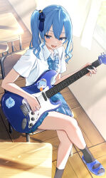 Rule 34 | 1girl, absurdres, aogami high school uniform, black socks, blue eyes, blue hair, blue nails, bow, bowtie, classroom, crossed legs, desk, electric guitar, fender stratocaster, from above, guitar, hair between eyes, highres, hololive, hoshimachi suisei, indoors, instrument, long hair, nisi ki no, open mouth, plaid, plaid bow, plaid bowtie, plaid skirt, pleated skirt, revision, sandals, school desk, school uniform, shirt, short sleeves, side ponytail, sidelocks, sitting, skirt, socks, sticker, virtual youtuber, white shirt