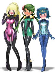 Rule 34 | 3girls, @ @, absurdres, bad id, bad pixiv id, black legwear, blonde hair, blue eyes, blue hair, blush, bodysuit, boots, covered navel, creatures (company), crossover, dark-skinned female, dark skin, embarrassed, evangelion: 2.0 you can (not) advance, flower, g gundam, game freak, green eyes, green hair, gundam, hair flower, hair ornament, hairband, hand on own hip, high heel boots, high heels, highres, lana (pokemon), lillie (pokemon), long hair, mallow (pokemon), mobile trace suit, multiple girls, muv-luv, muv-luv alternative, neon genesis evangelion, nintendo, open mouth, plugsuit, pokemon, pokemon (anime), pokemon sm (anime), ponytail, rebuild of evangelion, short hair, shoukin500, simple background, tears, test plugsuit, thighhighs, trial captain, twintails, white background