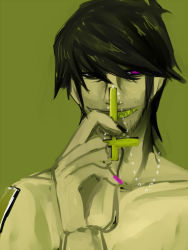 Rule 34 | 1boy, black hair, cross, cross necklace, fangs, gorillaz, heterochromia, inverted cross, jewelry, looking at viewer, male focus, murdoc niccals, necklace, simple background, smile, solo