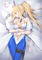 Rule 34 | 1girl, animal ears, artoria pendragon (all), artoria pendragon (fate), artoria pendragon (swimsuit ruler) (fate), bad id, bad pixiv id, bare shoulders, blonde hair, blue pantyhose, breasts, card, cleavage, commentary request, detached collar, fake animal ears, fate/grand order, fate (series), fishnets, green eyes, hair between eyes, highres, jilu, large breasts, leotard, long hair, looking at viewer, lying, necktie, on back, pantyhose, playboy bunny, playing card, poker chip, ponytail, rabbit ears, rabbit girl, saber (fate), sidelocks, solo, white leotard, wrist cuffs