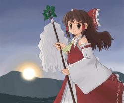 Rule 34 | 1girl, ascot, bow, brown eyes, brown hair, detached sleeves, female focus, hair bow, hair tubes, hakurei reimu, imperishable night, looking at viewer, looking to the side, outdoors, red bow, red skirt, ribbon-trimmed sleeves, ribbon trim, skirt, skirt set, smile, solo, sunrise, sunset, touhou, vest, wide sleeves