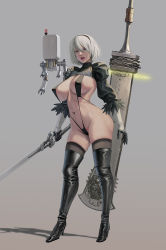 Rule 34 | 1girl, 2b (nier:automata), areola slip, black footwear, black gloves, black hairband, black one-piece swimsuit, black slingshot swimsuit, blue eyes, boots, breasts, chain, commentary, covered erect nipples, english commentary, feather-trimmed sleeves, floating, floating object, floating sword, floating weapon, full body, gloves, grey background, hair between eyes, hairband, high heel boots, high heels, highres, holding, holding sword, holding weapon, jeneral, juliet sleeves, katana, large breasts, lips, long sleeves, looking at viewer, mole, mole under mouth, navel, nier:automata, nier (series), no blindfold, one-piece swimsuit, open mouth, pod (nier:automata), puffy sleeves, shadow, short hair, shrug (clothing), silver hair, simple background, slingshot swimsuit, standing, strap gap, swimsuit, sword, teeth, thigh boots, thighhighs, two-tone gloves, upper teeth only, weapon, white gloves