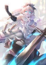 Rule 34 | 1girl, abyssal ship, black footwear, black gloves, boots, breasts, elbow gloves, european princess, eye trail, fingerless gloves, flare, gloves, glowing, glowing eyes, hair between eyes, kantai collection, large breasts, light trail, lips, looking at viewer, pale skin, shell casing, short hair with long locks, smoke, solo, sword, thigh boots, tomamatto, turret, weapon, white hair