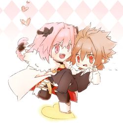 Rule 34 | 2boys, armor, astolfo (fate), brown hair, carrying, couple, fate/apocrypha, fate (series), fur trim, kuili san, long hair, male focus, multiple boys, pink eyes, pink hair, princess carry, red eyes, sieg (fate), trap