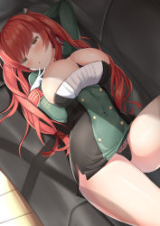 Rule 34 | 1girl, azur lane, beret, black panties, blush, breasts, buttons, cape, cleavage, couch, cowboy shot, day, dress, eyelashes, gloves, hat, highres, indoors, italian flag, kanata (kanade pa), large breasts, long hair, lying, on back, open mouth, panties, red hair, shade, smile, solo, taut clothes, taut dress, twintails, underwear, uniform, upper body, very long hair, white gloves, yellow eyes, zara (azur lane)