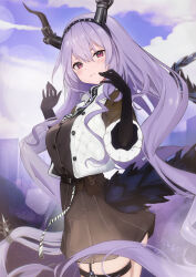 Rule 34 | 1girl, arknights, belt, black hairband, black horns, blush, breasts, brown dress, brown gloves, buttons, closed mouth, cowboy shot, day, dress, elbow gloves, fur-trimmed jacket, fur trim, gloves, hair between eyes, hairband, highres, horns, jacket, kyuu (q des9), large breasts, lens flare, long hair, long sleeves, looking at viewer, official alternate costume, open clothes, open vest, outdoors, pink eyes, purple hair, sidelocks, sky, solo, tail, thigh strap, twintails, typhon (arknights), typhon (northern pathfinder) (arknights), very long hair, vest, white vest