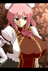 Rule 34 | 1girl, bandages, breasts, bun cover, chinese clothes, double bun, female focus, flower, hand on own hip, huge breasts, ibaraki kasen, impossible clothes, impossible shirt, letterboxed, pink hair, red eyes, regls, revision, rose, shirt, short hair, solo, touhou