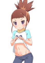 Rule 34 | 1girl, bad id, bad pixiv id, brown hair, closed mouth, denim, digimon, digimon tamers, female focus, highres, jeans, lifting own clothes, looking at viewer, makino ruki, navel, pants, purple eyes, short hair, simple background, solo, transparent background, yuh koume