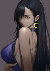 Rule 34 | 1girl, bare arms, bare shoulders, black hair, breasts, brown eyes, crescent, crescent earrings, dress, earrings, final fantasy, final fantasy vii, final fantasy vii remake, grey background, highres, jewelry, large breasts, lips, looking at viewer, omeno (digitalome), purple dress, sideboob, simple background, solo, swept bangs, tifa lockhart, tifa lockhart (refined dress), upper body