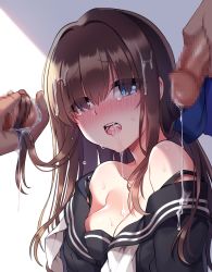Rule 34 | 1girl, 2boys, artist request, blue eyes, blush, breasts, brown hair, bukkake, character request, cleavage, collarbone, copyright request, crying, crying with eyes open, cum, cum in mouth, cum on body, facial, hair ornament, unworn hair ornament, hairjob, long hair, multiple boys, open mouth, penis, saliva, solo focus, sweat, tears, teeth, tongue