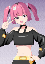 Rule 34 | 1girl, :d, absurdres, akaasha (vwdt4435), bare shoulders, belt, black choker, black shirt, choker, collarbone, commentary request, coral (pokemon), creatures (company), fang, game freak, hair ornament, hand on own hip, hand up, happy, highres, looking at viewer, navel, nintendo, off-shoulder shirt, off shoulder, open mouth, pink hair, pokemon, pokemon (anime), pokemon horizons, raised eyebrows, shirt, smile, solo, twintails, v, yellow belt