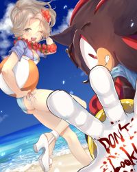 Rule 34 | 1boy, 1girl, ;d, ass, ball, beach, bikini, blue sky, blush, bracelet, breasts, clenched teeth, cloud, flower, furry, furry male, gloves, hair flower, hair ornament, high heels, holding, holding ball, jacket, jewelry, looking at viewer, maria robotnik, ocean, one eye closed, open clothes, open hand, open jacket, open mouth, parody, red eyes, red flower, sand, shadow the hedgehog, shadow the hedgehog (game), sky, small breasts, smile, sonic (series), sonic the hedgehog, swimsuit, teeth, tondamanuke, white footwear, white gloves